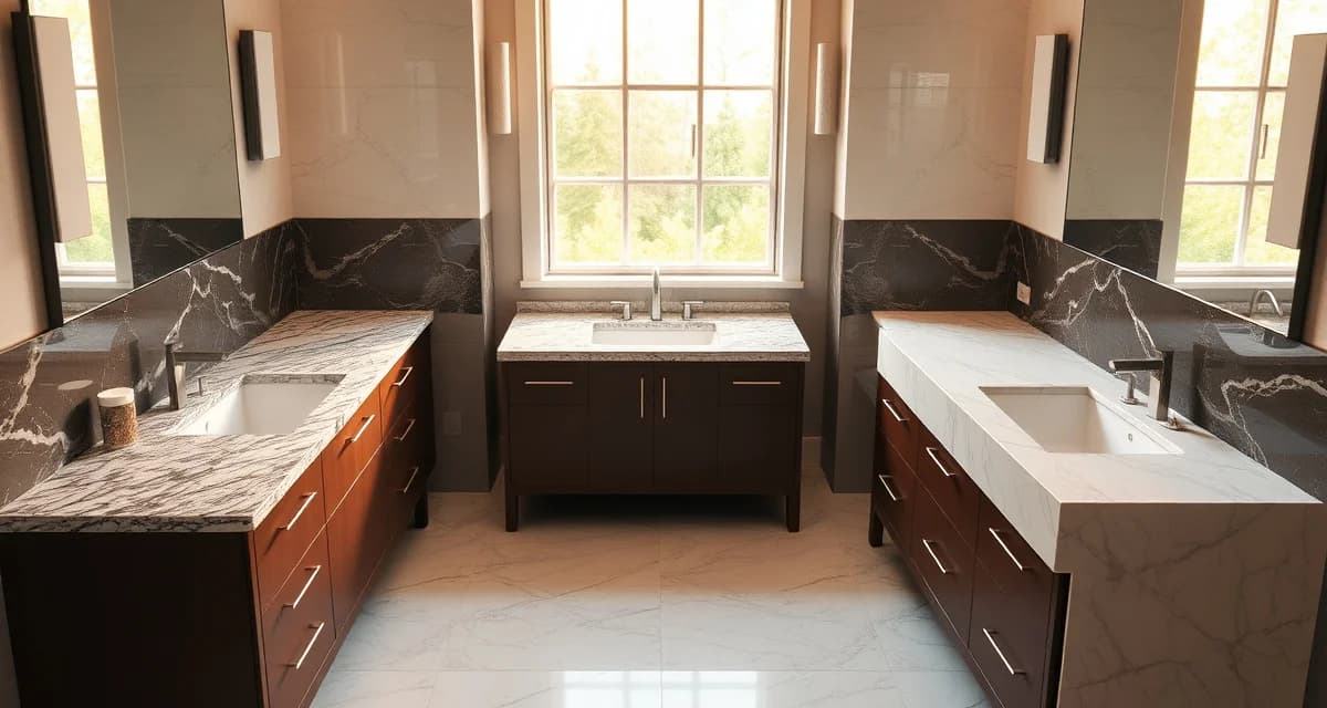 Vanity countertop materials and styles price comparison Bathroom vanity countertops in granite, quartz, and marble showing various edge profiles and sink configurations with pricing tiers.
