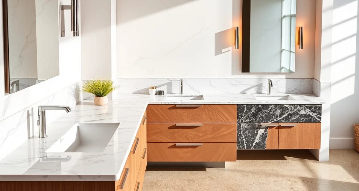 Premium bathroom countertop material comparison Luxury bathroom vanity countertops featuring marble, quartz, and granite materials with professional finishes and modern fixtures