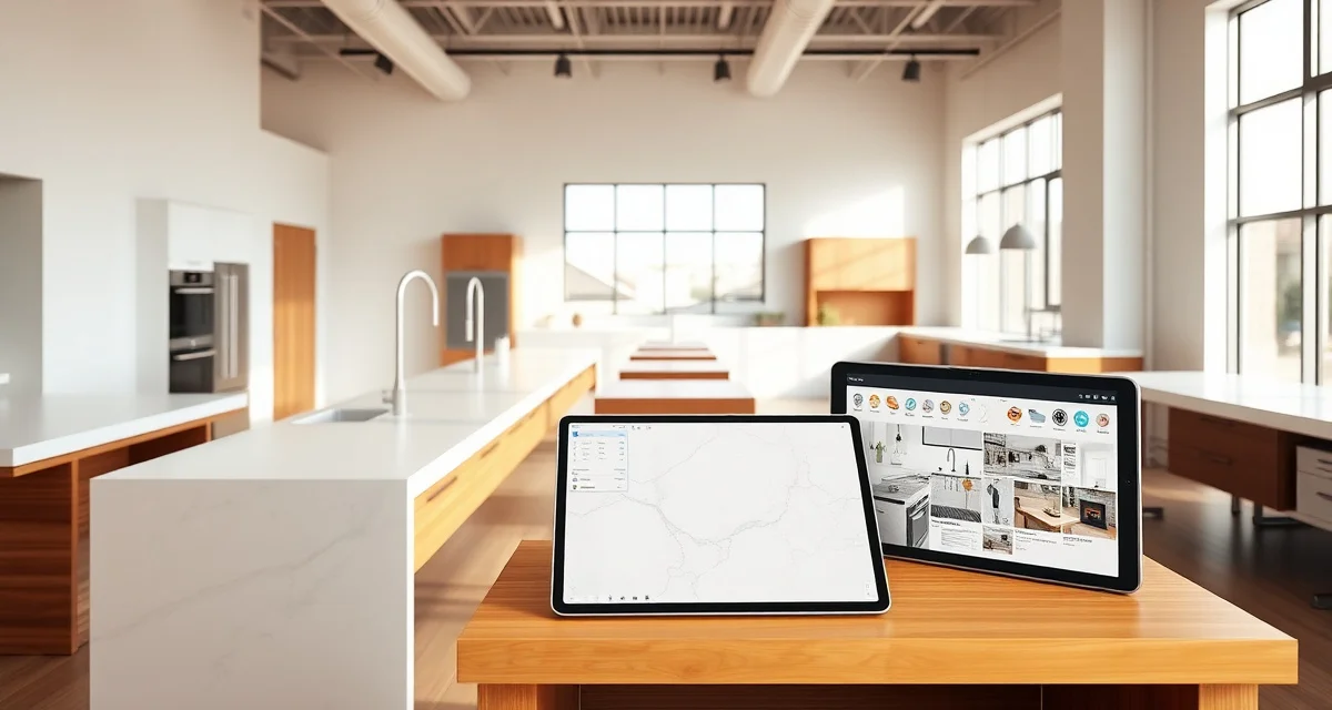 Countertop software comparison for K&B dealers Modern kitchen countertop samples with design software interface displayed on tablet for kitchen and bath dealers