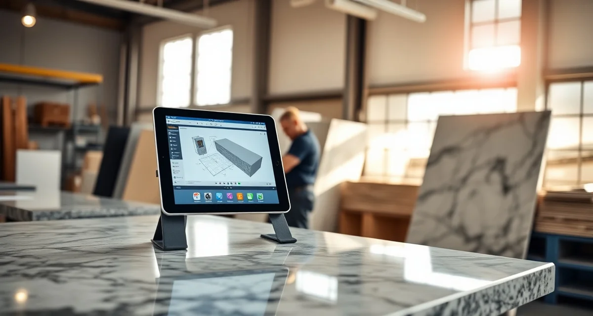 Countertop software comparison for remodeling contractors Best countertop software interface for remodelers on tablet with fabrication shop workspace in background