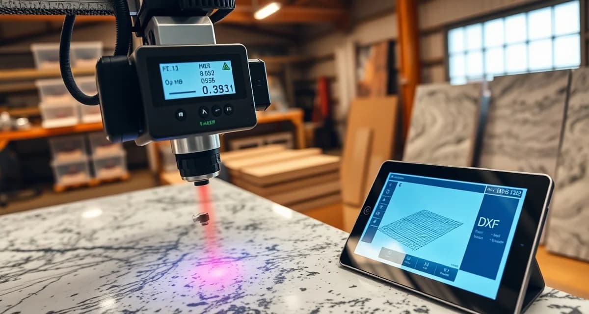 Digital countertop measurement technology Laser templating system measuring countertop dimensions with digital DXF output on tablet display in fabrication shop