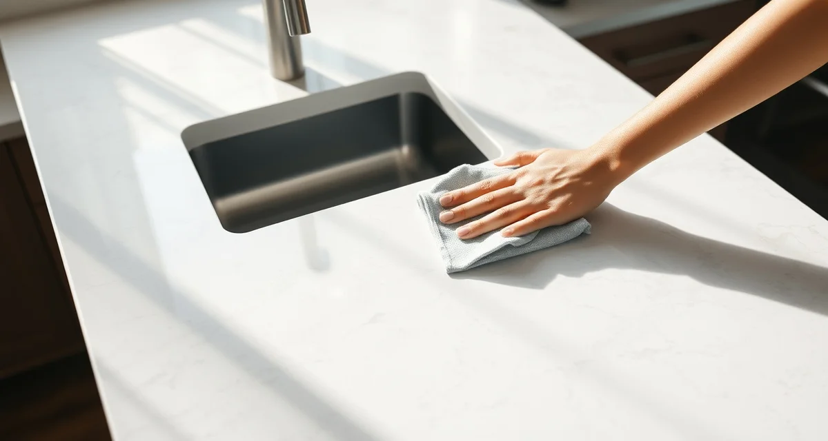 Proper quartz cleaning technique with safe products Soft cloth cleaning a shiny quartz countertop with mild soap and warm water for daily maintenance and care