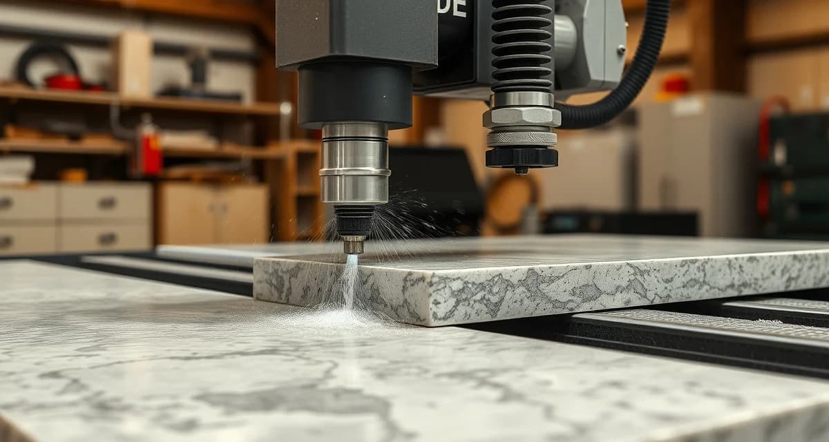 Waterjet stone cutting technology for countertop fabrication High-precision waterjet cutter machine cutting intricate stone countertop edge with no micro-fractures for professional fabrication shops