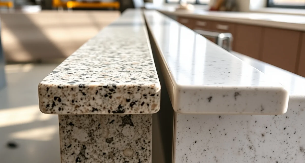 Countertop edge profile comparison guide Close-up comparison of beveled edge with 45-degree angle versus eased edge with rounded corners on stone countertop samples