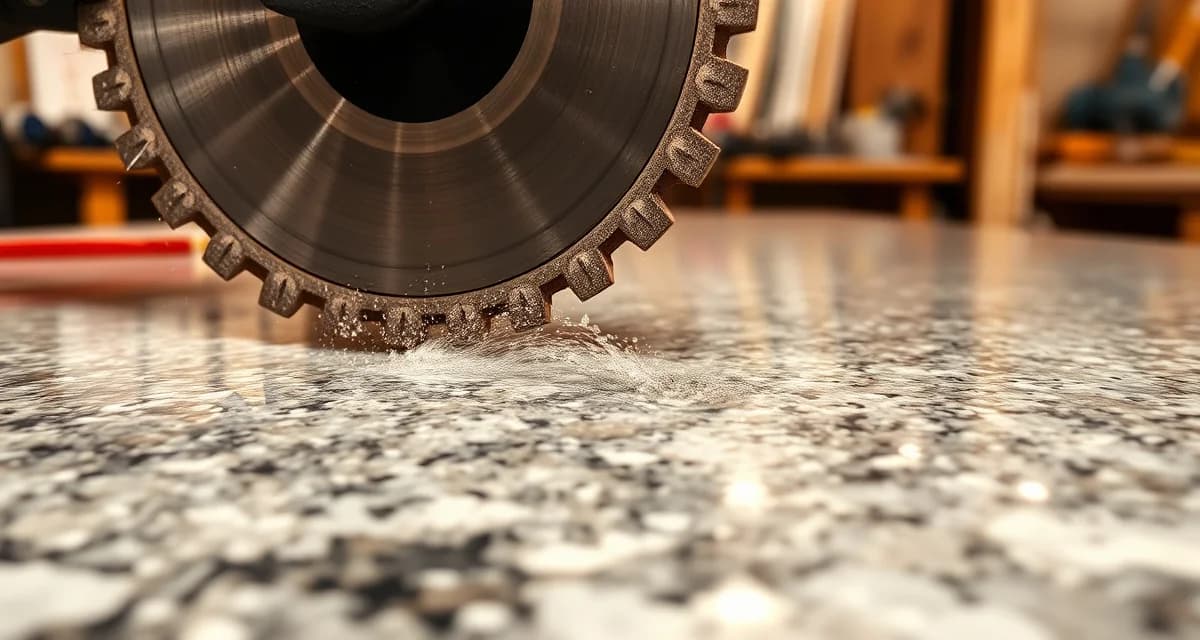 Blade kerf measurement in stone countertop cutting Diamond-tipped saw blade cutting through stone slab showing blade kerf width separation in countertop fabrication