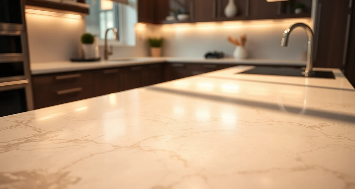 Professional quartz countertop care and maintenance Pristine quartz countertop surface showing polished finish and elegant veining in natural light, representing safe cleaning practices.
