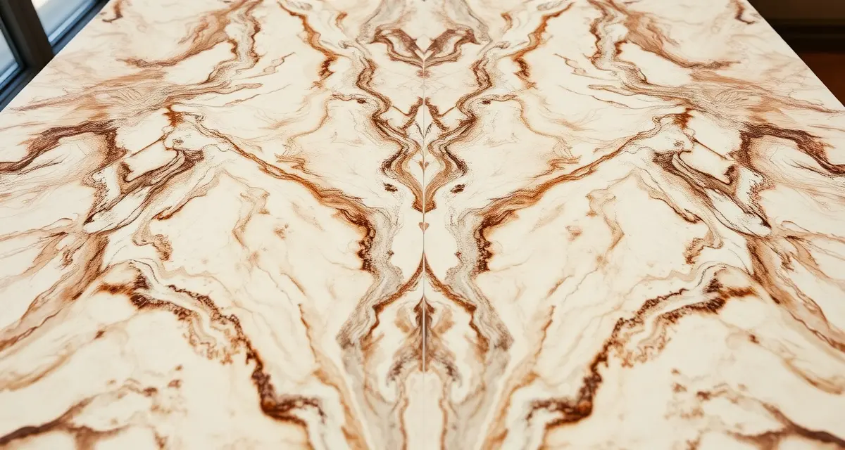 Mirror-image bookmatched marble stone surface detail Polished marble countertop displaying symmetrical bookmatching pattern with mirrored veining across the seam