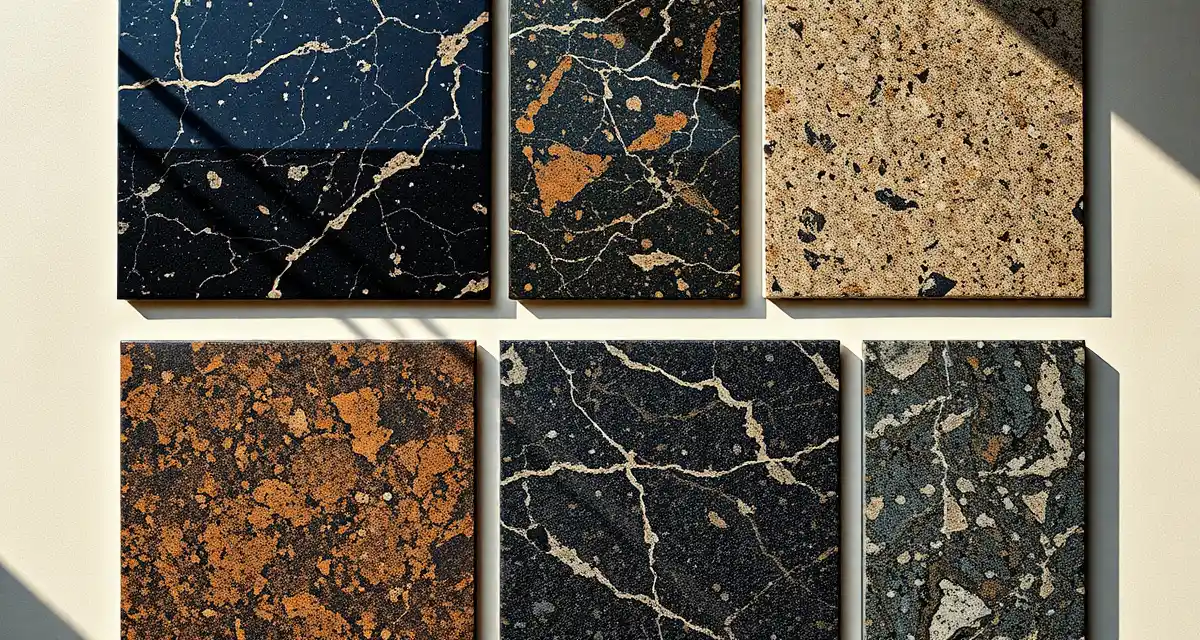 Brazilian granite slab samples and color varieties Collection of polished Brazilian granite slabs showing popular colors including black, gold, blue and multi-colored varieties used in countertop fabrication.