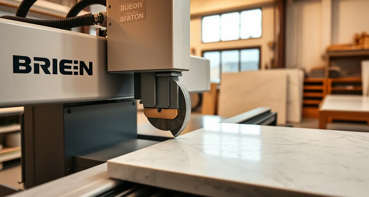High-performance Breton bridge saw for countertop fabrication Breton bridge saw CNC machine cutting premium stone countertop with precision diamond blade in professional fabrication shop