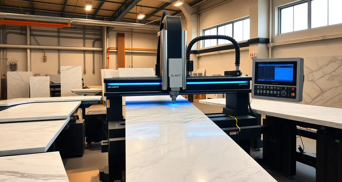 Advanced Breton technology for stone fabrication Breton CNC stone cutting machine processing engineered quartz slabs in a professional countertop fabrication shop
