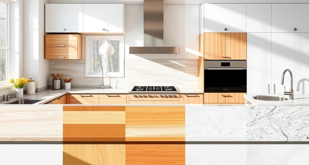 Best affordable countertop materials comparison Four budget countertop materials displayed side by side including laminate, butcher block, ceramic tile, and granite in modern kitchen setting