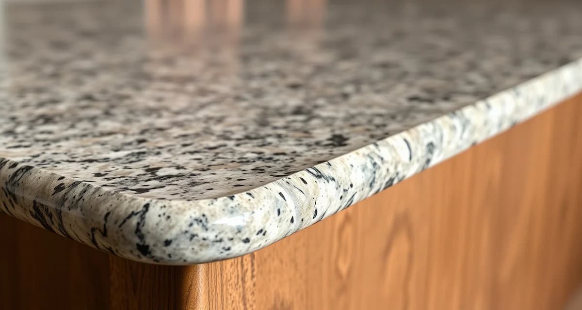 Bullnose countertop edge detail Close-up view of a polished granite countertop with a smooth bullnose edge profile curved downward