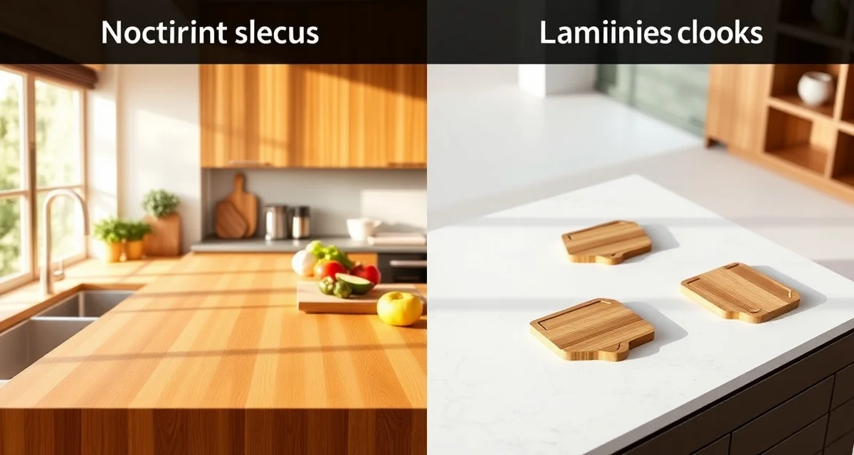 Butcher block and laminate countertop materials comparison Side-by-side comparison of butcher block versus laminate countertop materials showing texture, color, and durability differences for kitchen renovations.