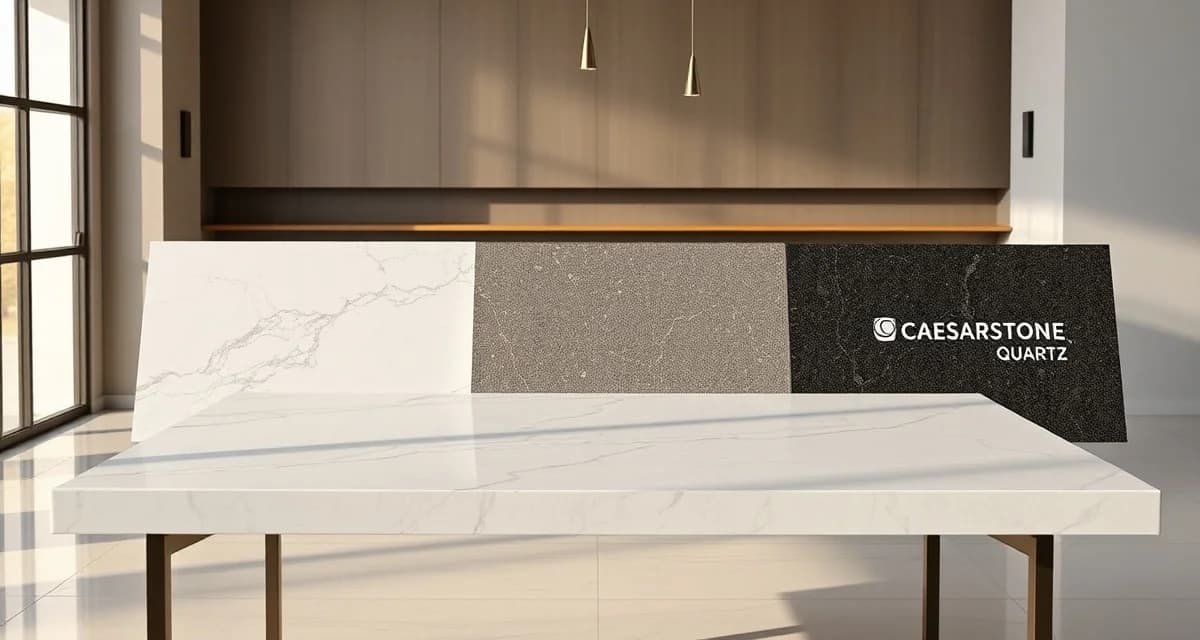 Caesarstone quartz surfaces for countertop fabrication Caesarstone engineered quartz countertop samples showcasing premium stone fabrication materials for kitchen and bath applications