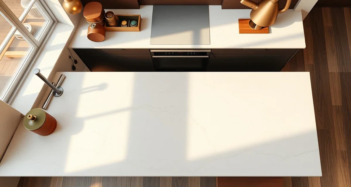 Caesarstone quartz countertop surface quality Close-up view of Caesarstone engineered quartz countertop showing premium surface finish and elegant design details