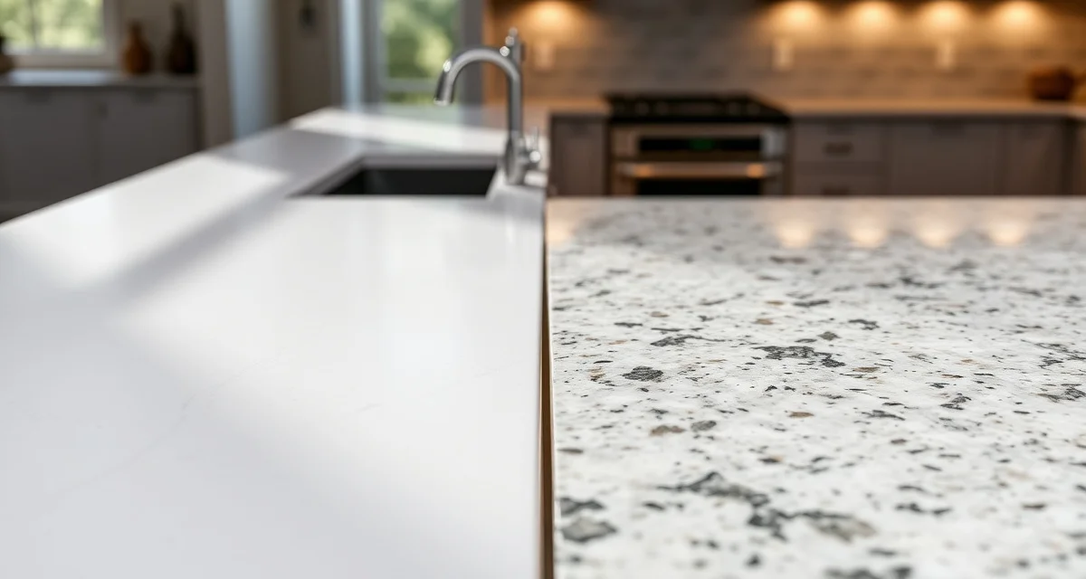 Caesarstone quartz vs granite countertop materials comparison Side-by-side comparison of Caesarstone quartz and granite countertop surfaces showing texture, finish, and material differences for kitchen counters.