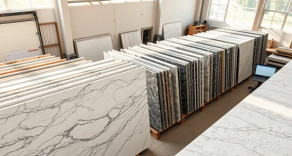 SlabWise countertop software solution for California fabrication businesses Modern countertop fabrication shop in California with organized stone slabs and management software displaying operational efficiency for stone shops.