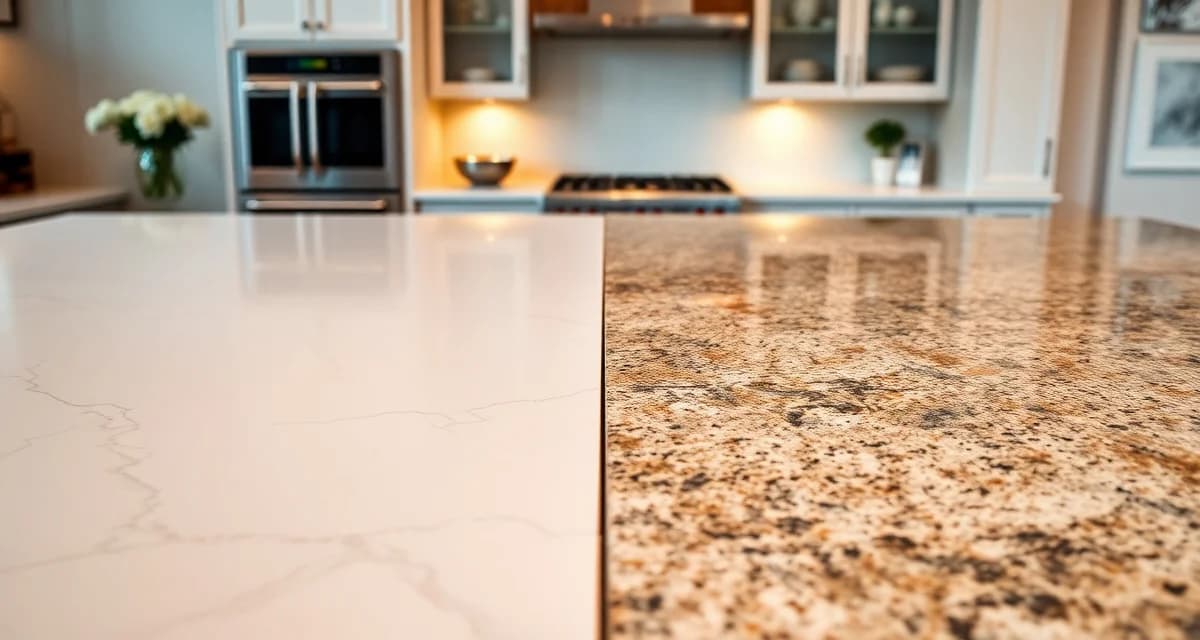 Premium countertop materials comparison Side-by-side comparison of Cambria quartz and granite countertops showing texture, color, and finish differences for homeowner evaluation.