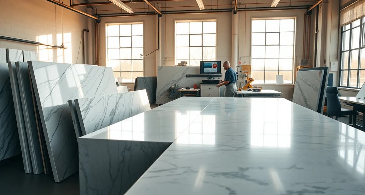 SlabWise countertop software dashboard for Charlotte shops Modern countertop fabrication shop in Charlotte, NC using specialized software for quoting and job management with stone slabs and equipment.