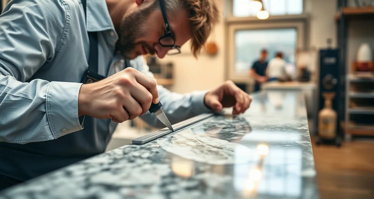 Professional Stone Countertop Fabrication Process Expert countertop fabricator measuring and polishing granite in Charlotte NC fabrication shop with precision tools