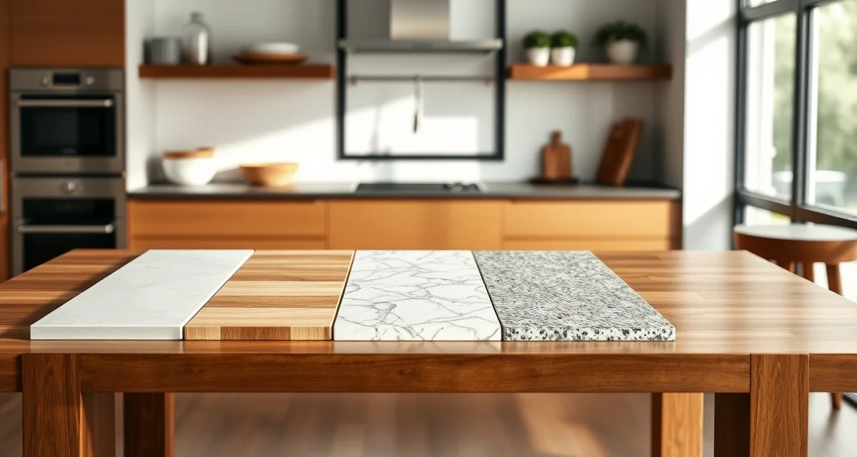 Budget-friendly countertop material options Countertop material samples including laminate, tile, granite, and solid surface arranged for cost comparison and selection.