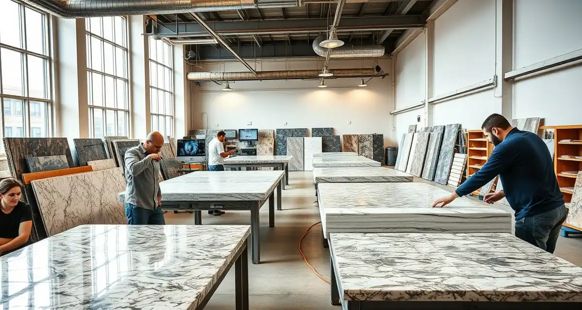 Professional countertop fabrication workspace Modern countertop fabrication shop in Chicago with stone slabs and precision cutting equipment for stone countertop production.