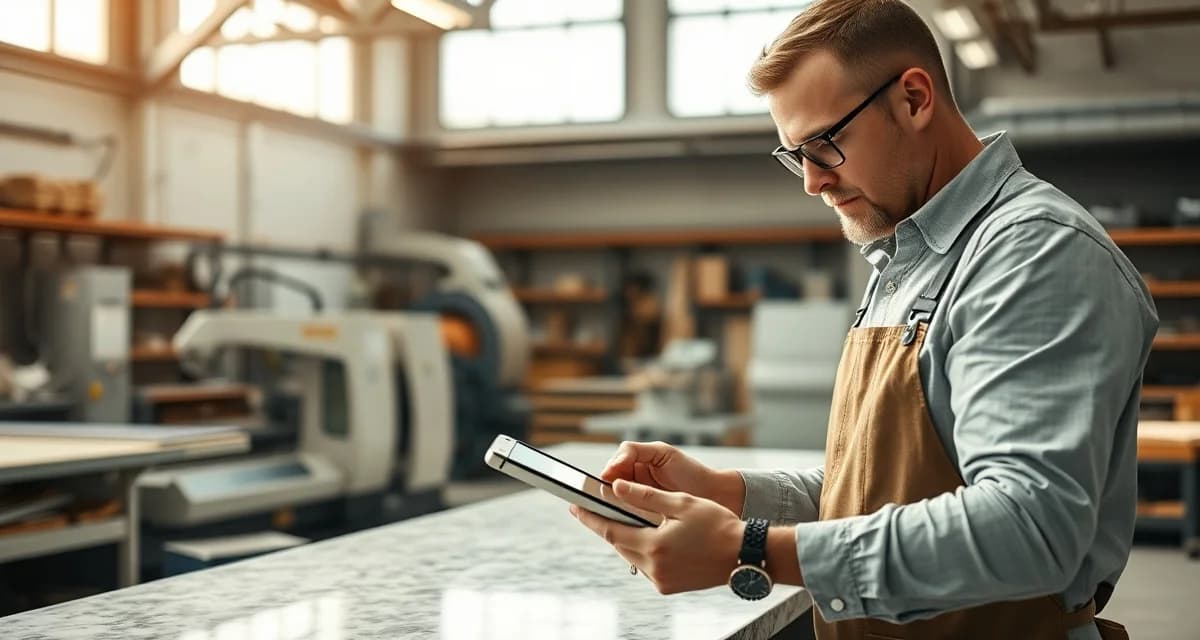 Expert fabricator evaluating stone quality Professional countertop fabricator examining premium stone slab in modern shop with CNC equipment and digital templating tools visible