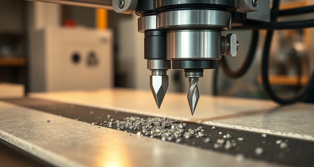 Automatic tool changer swapping diamond bits on CNC router CNC automatic tool changer mechanism with diamond cutting bits for stone countertop fabrication.