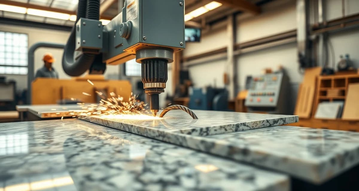 Modern CNC bridge saw for stone fabrication Professional CNC bridge saw cutting a stone countertop slab with precision in a fabrication shop setting