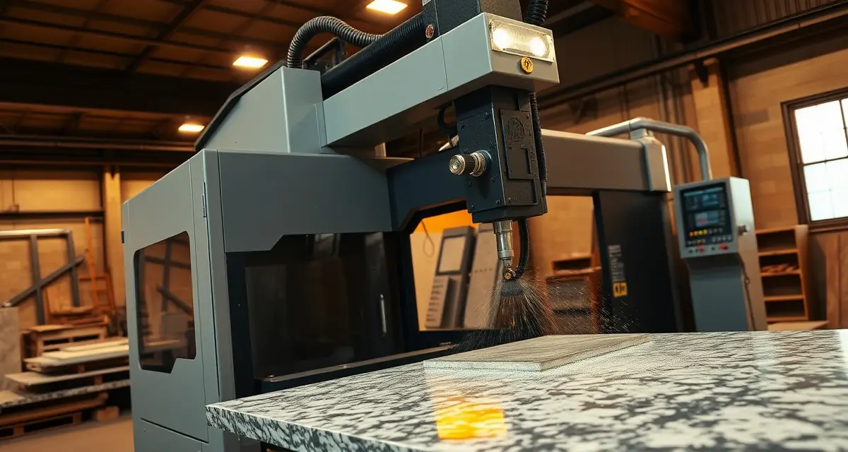 CNC Bridge Saw Equipment Investment Modern CNC bridge saw cutting granite slab in professional stone fabrication shop with precision machinery