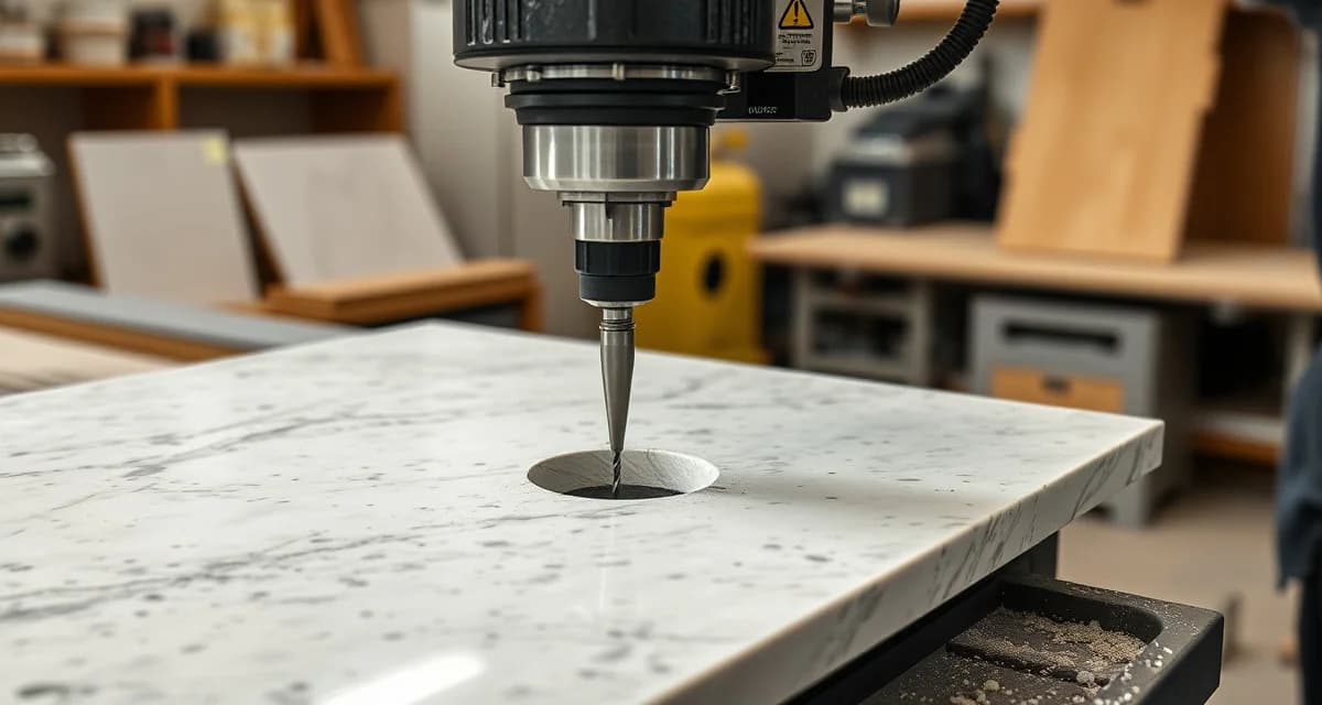 Professional faucet hole drilling in countertop fabrication CNC machine drilling precise faucet hole in stone countertop with diamond-tipped core drill bit during fabrication