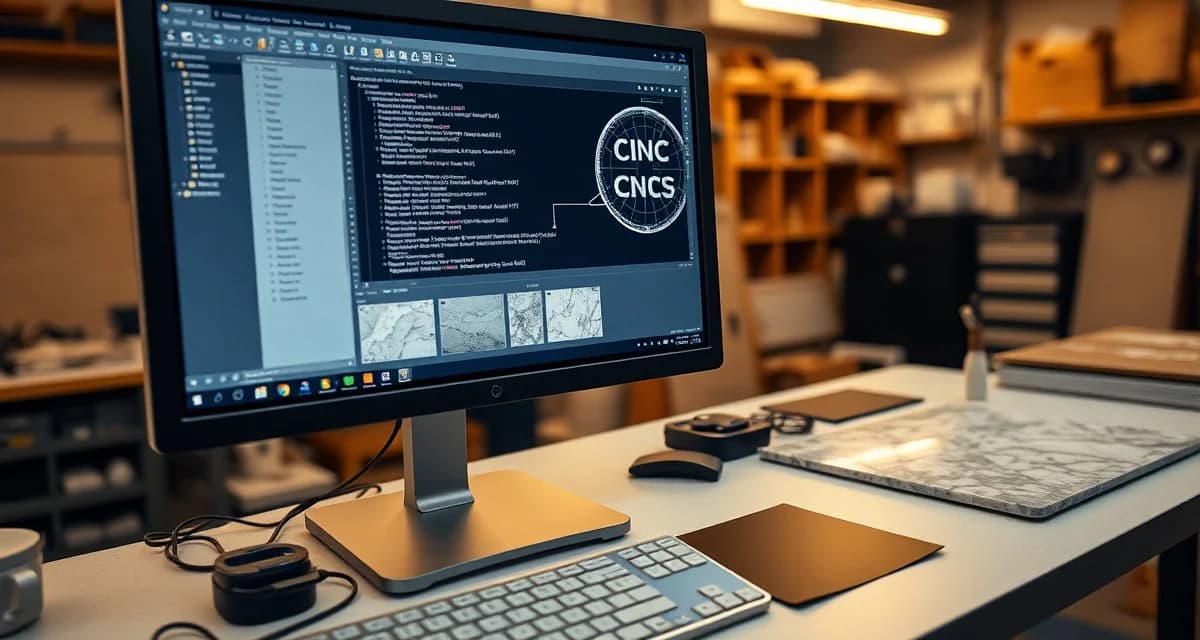 Digital instructions for stone cutting equipment CNC file formats display on computer screen showing G-code and DXF geometry for stone countertop fabrication