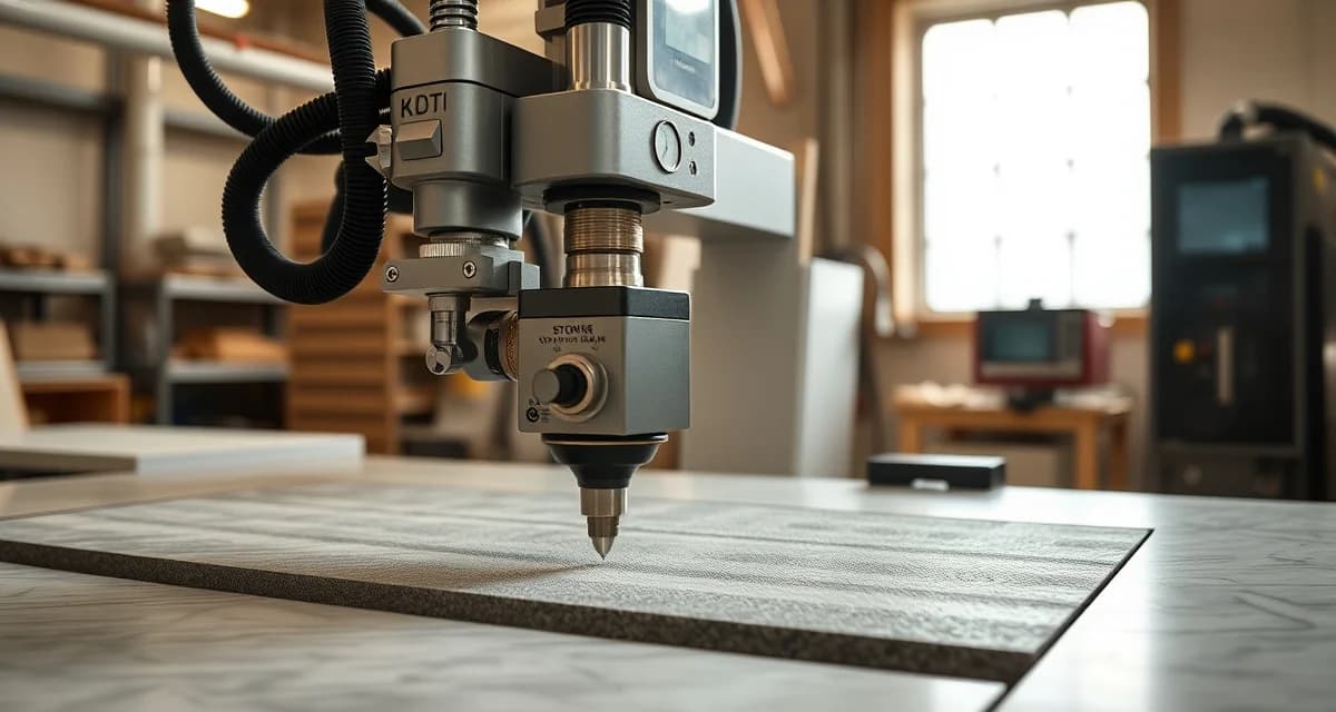 Professional CNC machine maintenance procedures CNC maintenance technician inspecting precision cutting equipment in countertop fabrication shop with calibration tools