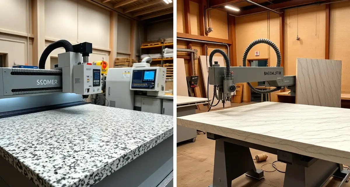 Equipment comparison for stone fabrication CNC router and bridge saw machines in a countertop fabrication shop showing their different cutting capabilities and precision work.