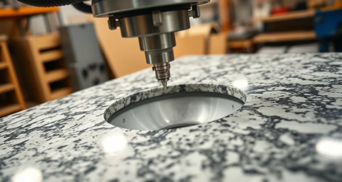 Professional sink cutout fabrication process CNC machine with diamond-tipped router bit cutting a sink hole into a granite countertop at a stone fabrication shop