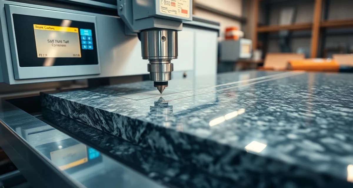 Advanced CNC fabrication technology for stone countertops CNC stone cutting machine precisely cutting granite countertop with computer-controlled cutting head and digital template guidance.