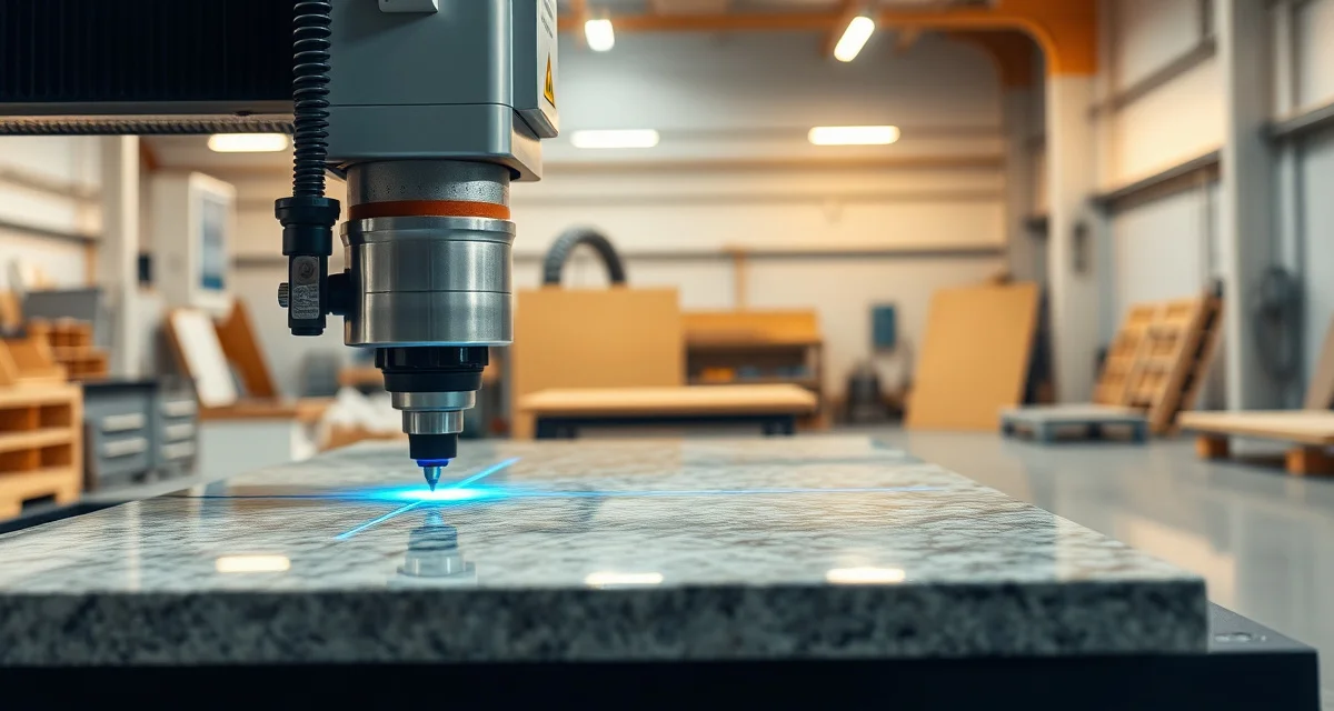 Computer Numerical Control machine fabricating stone countertops CNC fabrication machine precisely cutting and routing a granite countertop slab in a professional stone shop with computer numerical control accuracy.