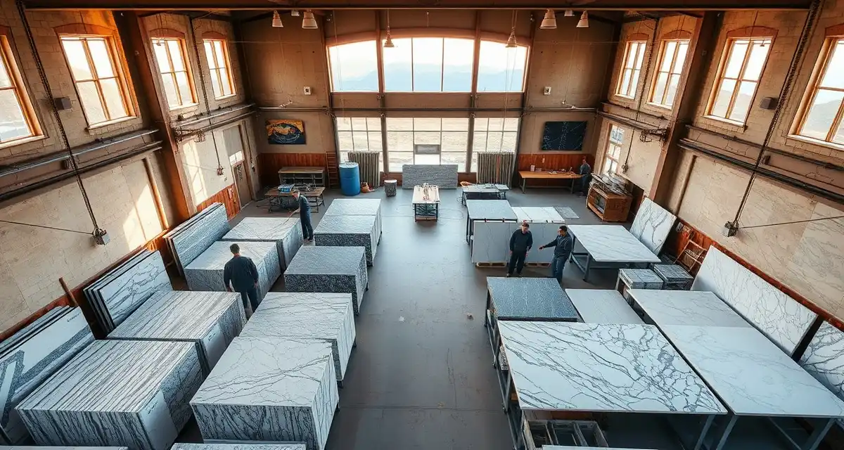 SlabWise countertop software for Colorado fabricators Modern countertop fabrication shop in Colorado with organized stone slabs and digital management systems for efficient shop operations