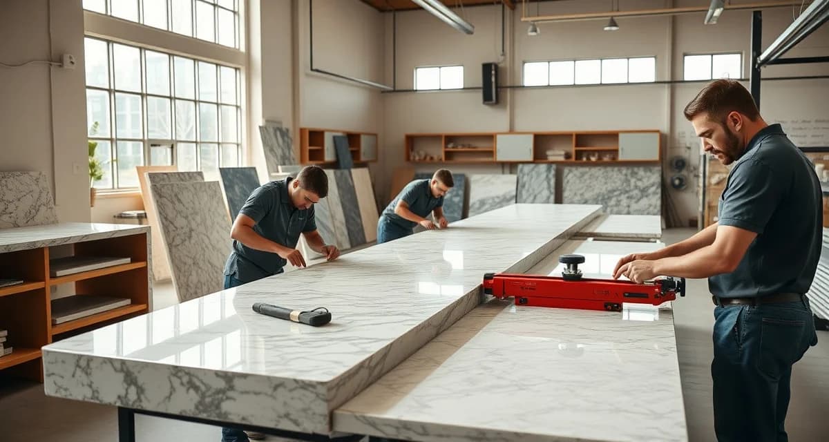Stone Countertop Fabrication Process Professional countertop fabricators in Columbus, OH measuring and cutting stone slabs in a modern fabrication workshop with quality materials on display.