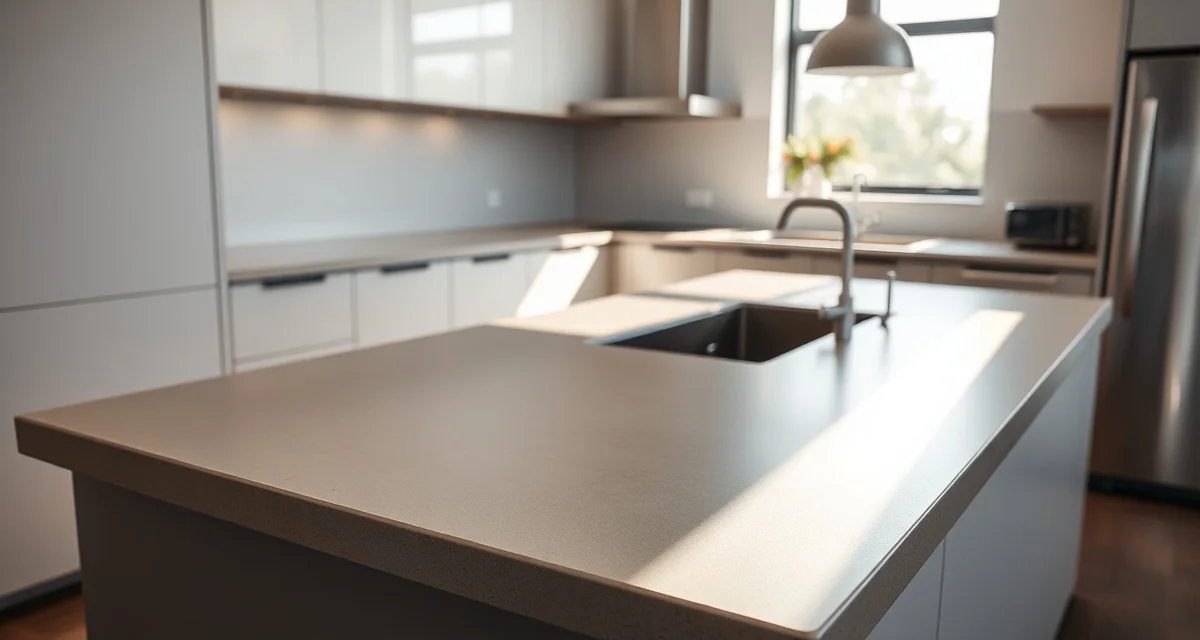 Concrete countertop pricing example Modern kitchen with polished concrete countertop showing cost-effective and durable surface installation example