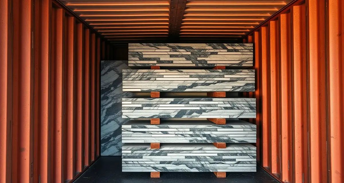 Stone slab container loading for fabrication shops Organized stone slabs bundled and stacked inside a shipping container for transport in the countertop fabrication industry