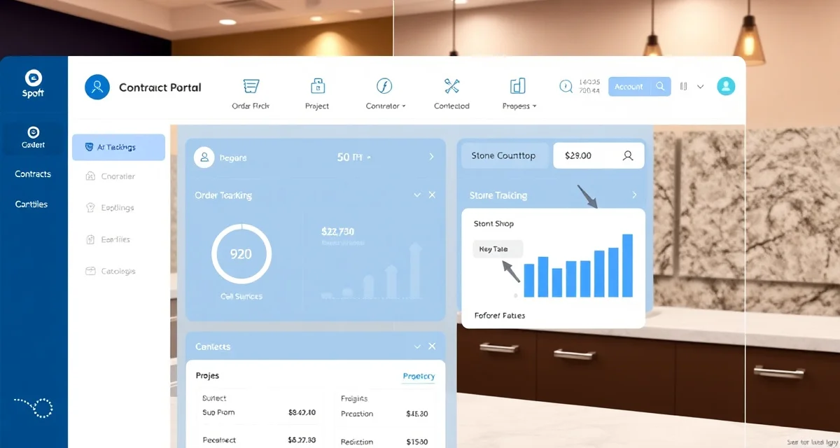 SlabWise Contractor Portal Dashboard Digital contractor portal interface displaying project tracking and order management tools for stone fabrication shops.