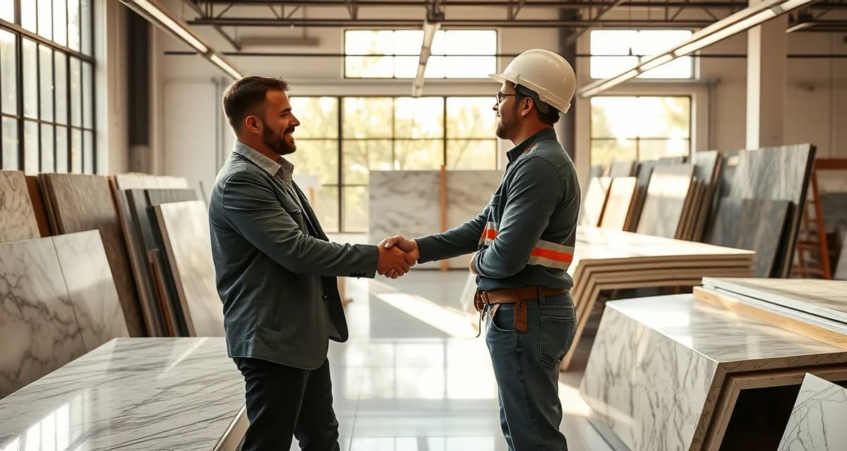 Building trusted contractor relationships in fabrication Fabricator and contractor shaking hands in a stone countertop shop surrounded by granite and quartz samples, representing strong business partnerships.