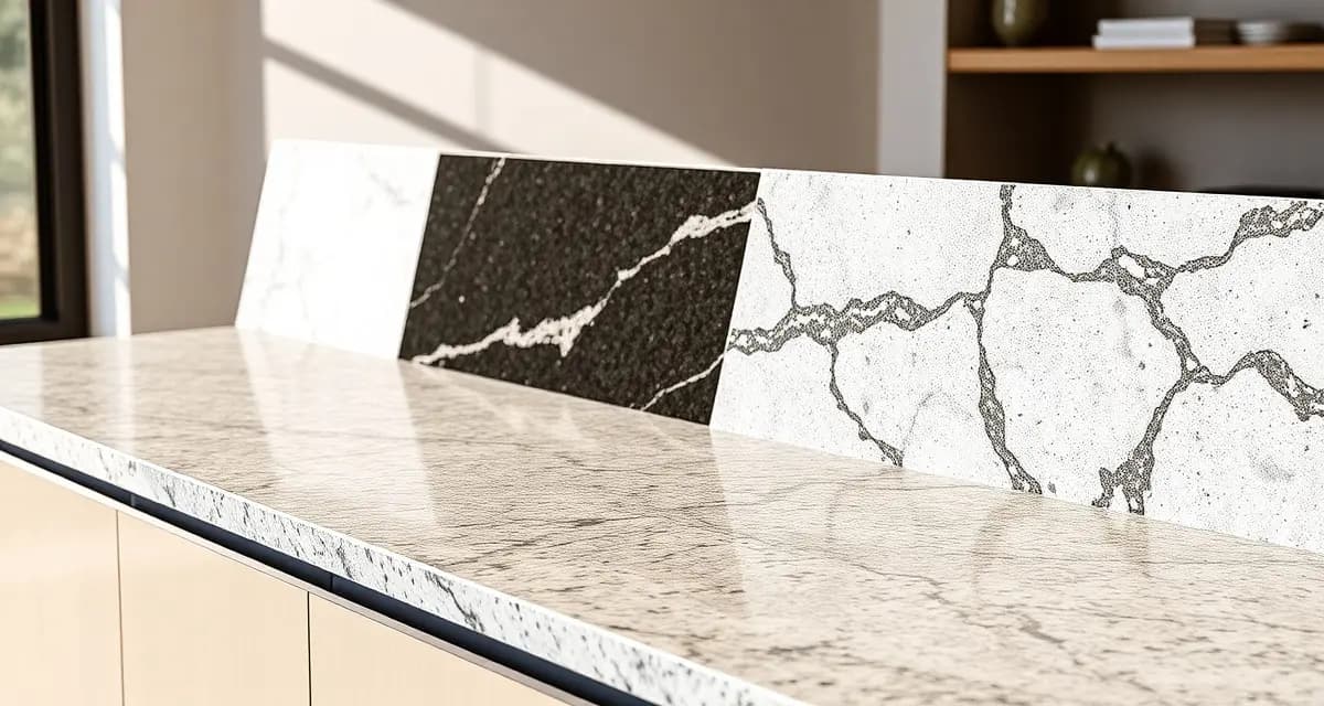 Premium Cosentino surface materials for countertops Cosentino countertop surfaces including Silestone quartz, Dekton ultra-compact, and Sensa granite samples displayed on modern kitchen counter