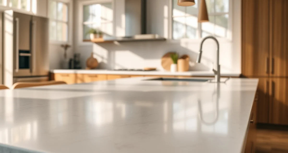 Premium countertop installation example Modern kitchen featuring a high-quality quartz countertop installed by a professional fabricator, showing premium finish and edge detail work.