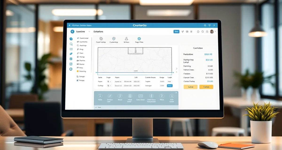 CounterGo estimating software dashboard CounterGo countertop estimating software interface displaying layout design tools, material selection, and automated pricing calculations for fabrication shops.