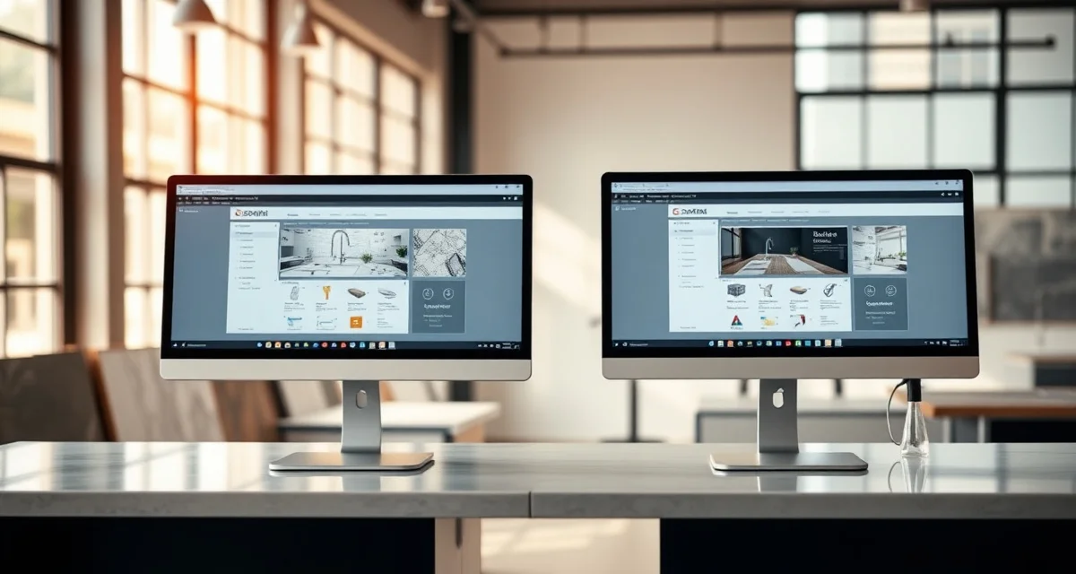Stone countertop software comparison visualization Comparison of CounterGo and EasyStoneShop stone shop management software interfaces displayed on monitors