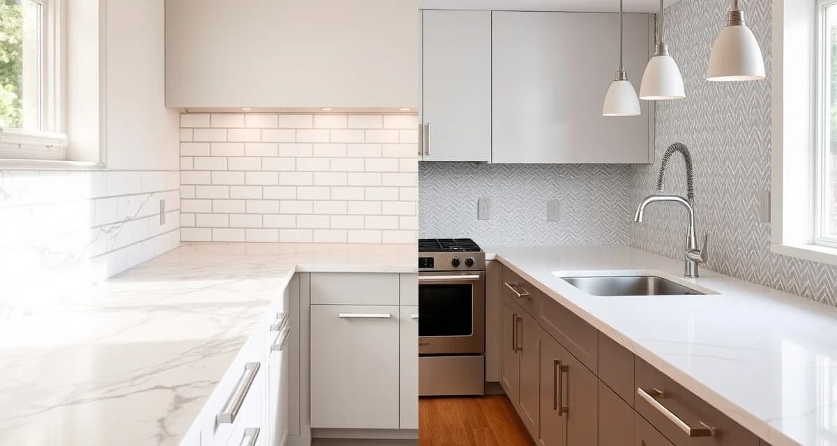 Countertop and backsplash design coordination Kitchen countertop and backsplash pairing examples showing dramatic marble with simple tile and solid quartz with patterned backsplash.