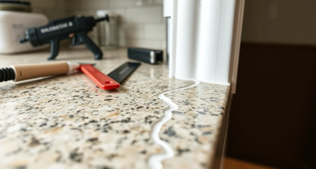 Professional countertop caulk repair Cracked caulk around countertop seam showing common damage and maintenance issue in kitchen installation