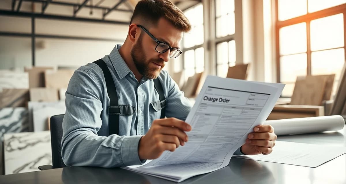 Professional change order management for stone fabrication Change order template document for countertop fabrication shops showing cost modifications and approval signatures